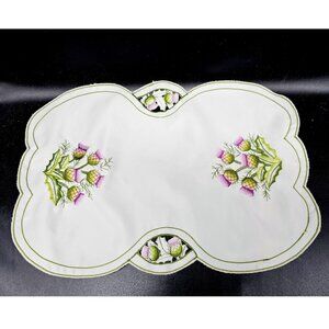 Hand Embroidered Thistle Flower Linen Table Doily Runner Basket Liner Boho 16.5"